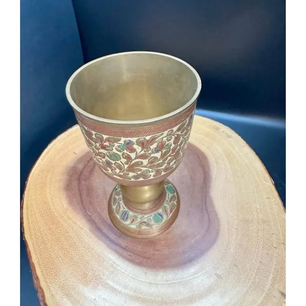 Vintage brass Pedestal Display Cup Etched with Enamel Floral Design